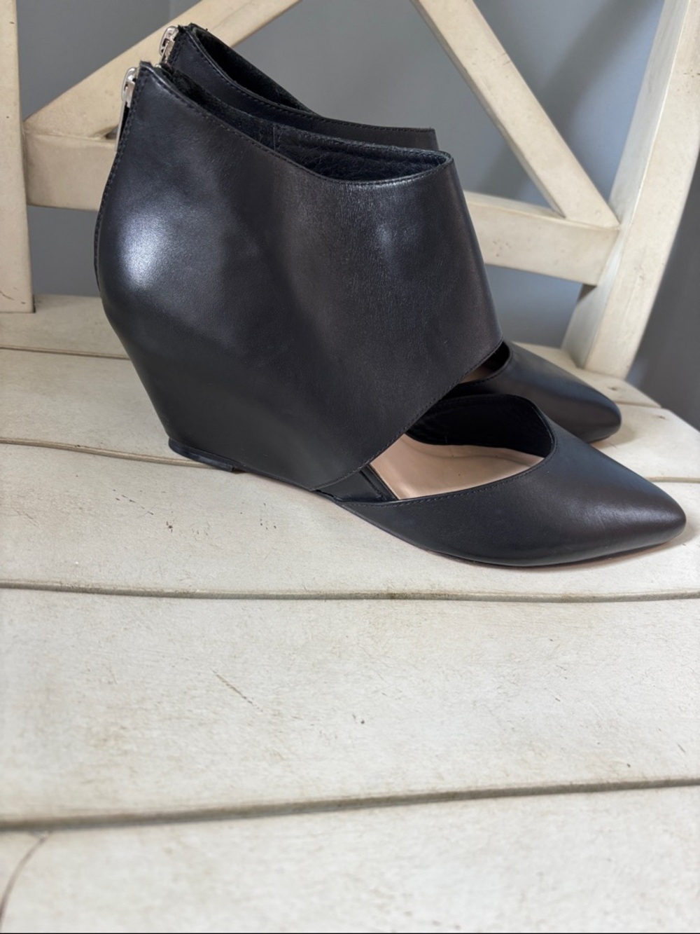 Loeffler Randall Annie black leather cut-out wedge boots Cutout PointedToe Mules - Picture 3 of 9